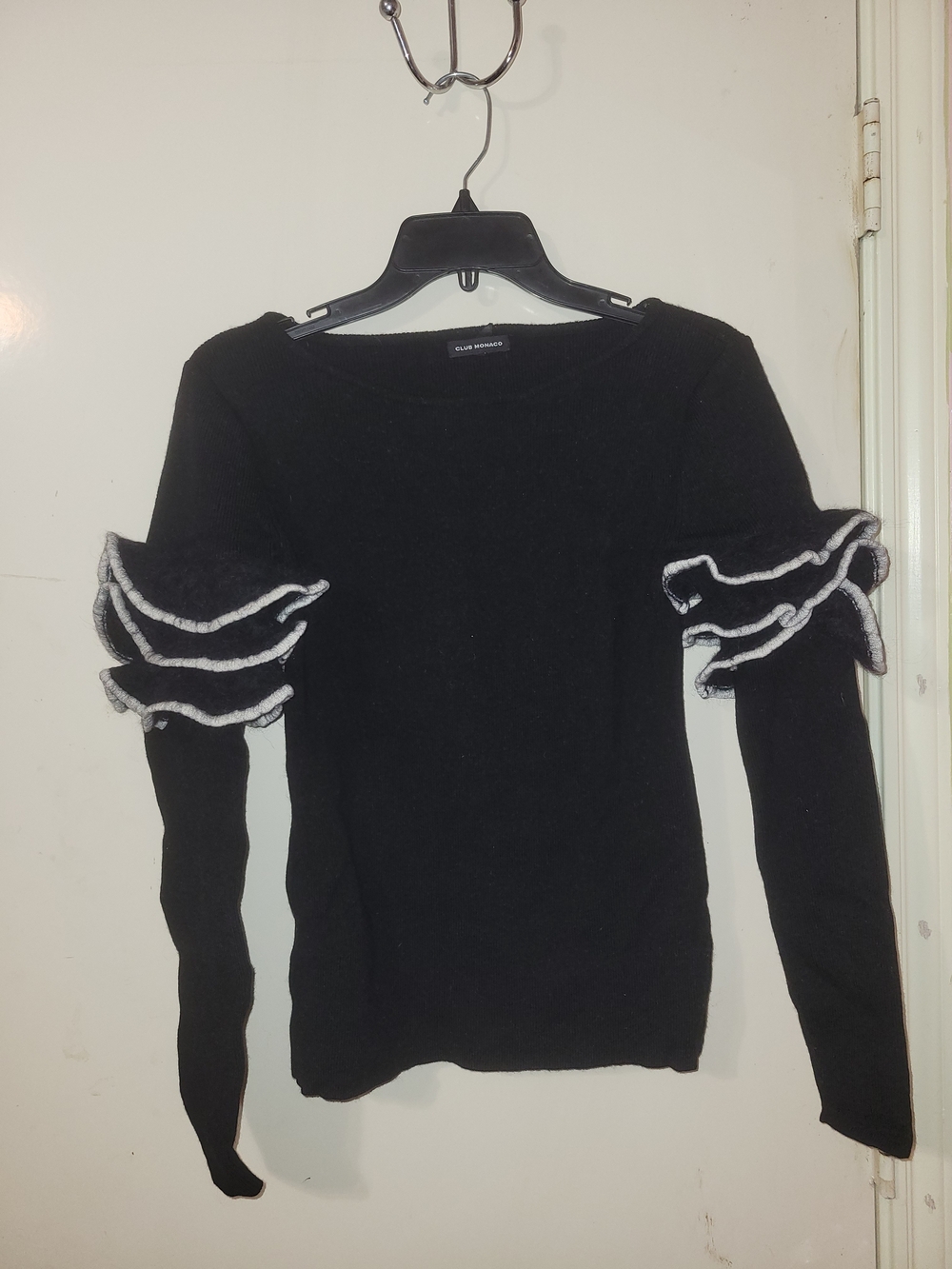 Club Monaco Black Knit Top with Contrasting White-Trim Ruffle Sleeves